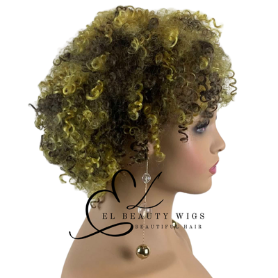 WIG | Golden Yellow Wig | Yellow Wig with Brown Highlights | Short Curly Wig | Natural-Looking Wig for Women | Easy Wear Synthetic Wig