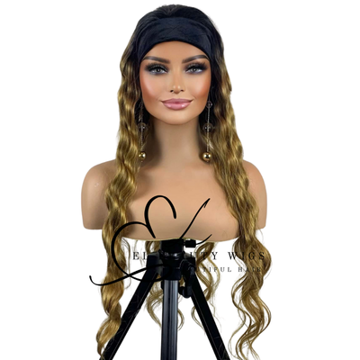WIG | Golden Blonde Wig | Long Curly Wig | Headband Wig | Natural-Looking Wig for Women | Easy Wear Human Hair Blend Wig