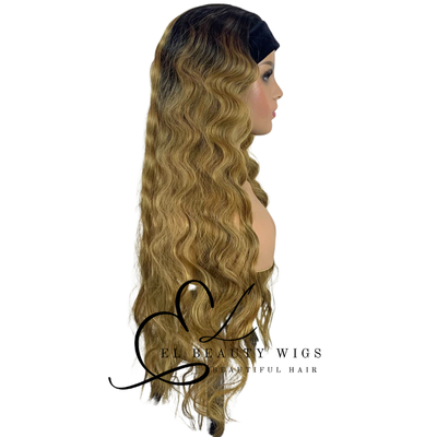 WIG | Golden Blonde Wig | Long Curly Wig | Headband Wig | Natural-Looking Wig for Women | Easy Wear Human Hair Blend Wig