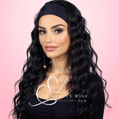 WIG | Black Wig | Headband Wig | Long Black Wig | Natural-Looking Wig for Women | Easy Wear Human Hair Blend Wig