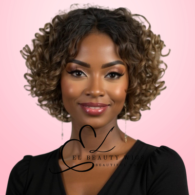 WIG | Golden Blonde Ombre Wig | Short Curly Wig | Natural-Looking Wig for Women | Easy Wear Synthetic Wig
