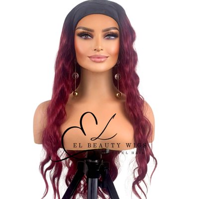 WIG | Burgundy Wig | Headband Wig | Long Wavy Wig | Natural-Looking Wig for Women | Easy Wear Human Hair Blend Wig