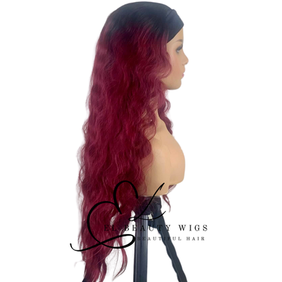 WIG | Burgundy Wig | Headband Wig | Long Wavy Wig | Natural-Looking Wig for Women | Easy Wear Human Hair Blend Wig