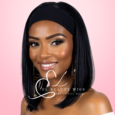 WIG | Black Wig | Straight Black Wig | Headband Wig | Natural-Looking Wig for Women | Easy Wear Human Hair Blend Wig