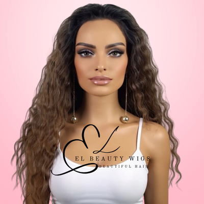 WIG | Honey Brown Wig | Brown Wig | Dark Roots | Natural-Looking Wig for Women | Lace Front Human Hair Blend Wig