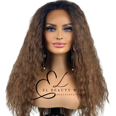 WIG | Honey Brown Wig | Brown Wig | Dark Roots | Natural-Looking Wig for Women | Lace Front Human Hair Blend Wig