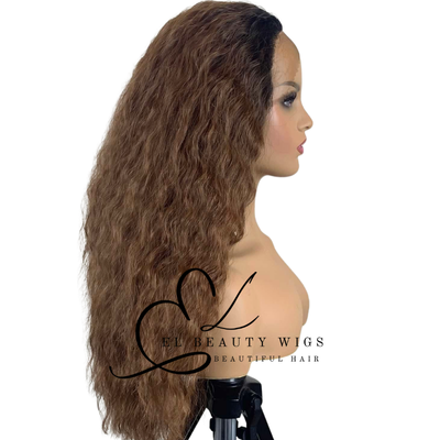 WIG | Honey Brown Wig | Brown Wig | Dark Roots | Natural-Looking Wig for Women | Lace Front Human Hair Blend Wig