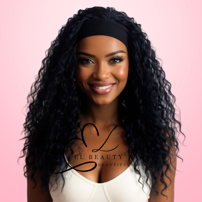 WIG | Black Wig | Headband Wig | Long Black Wig | Long Curly Wig | Natural-Looking Wig for Women | Easy Wear Human Hair Blend Wig