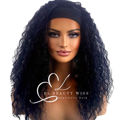WIG | Black Wig | Headband Wig | Long Black Wig | Long Curly Wig | Natural-Looking Wig for Women | Easy Wear Human Hair Blend Wig