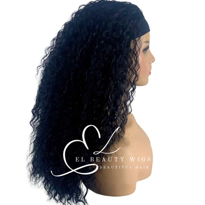 WIG | Black Wig | Headband Wig | Long Black Wig | Long Curly Wig | Natural-Looking Wig for Women | Easy Wear Human Hair Blend Wig