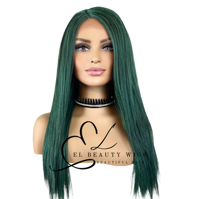 WIG | Dark Green Wig | Natural-Looking Wig for Women | Lace Front Human Hair Blend Wig