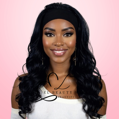 WIG | Black Wig | Headband Wig | Long Curly Wig | Long Black Wig | Natural-Looking Wig for Women | Easy Wear Human Hair Blend Wig