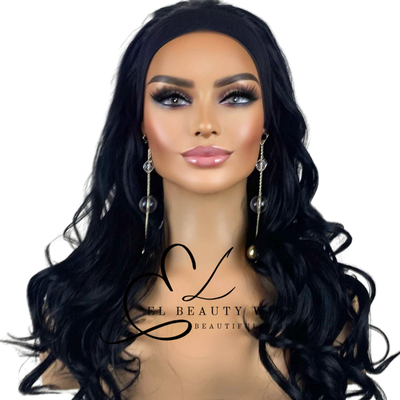 WIG | Black Wig | Headband Wig | Long Curly Wig | Long Black Wig | Natural-Looking Wig for Women | Easy Wear Human Hair Blend Wig