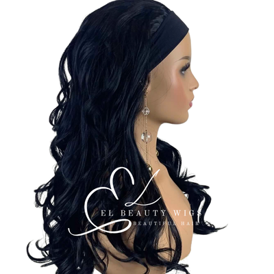 WIG | Black Wig | Headband Wig | Long Curly Wig | Long Black Wig | Natural-Looking Wig for Women | Easy Wear Human Hair Blend Wig