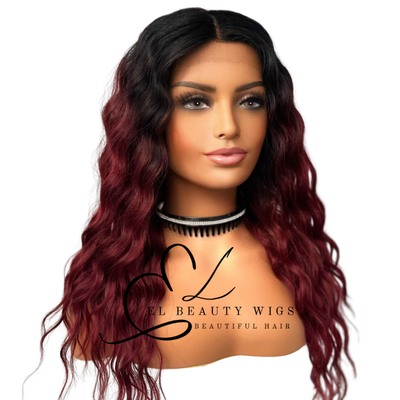 WIG | Ombre Wig | Burgundy Wig | Natural-Looking Wig for Women | Lace Front Human Hair Blend Wig