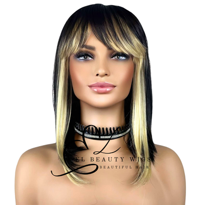WIG | Black Wig | Blonde Hairline Highlight | Natural-Looking Wig for Women | Easy Wear Human Hair Blend Wig