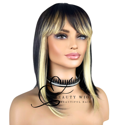 WIG | Black Wig | Blonde Hairline Highlight | Natural-Looking Wig for Women | Easy Wear Human Hair Blend Wig