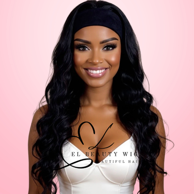 WIG | Black Wig | Headband Wig | Long Curly Wig | Long Black Wig | Natural-Looking Wig for Women | Easy Wear Human Hair Blend Wig