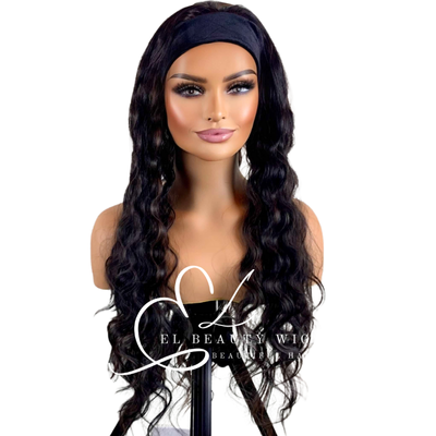 WIG | Black Wig | Headband Wig | Long Black Wig | Long Curly Wig | Natural-Looking Wig for Women | Easy Wear Human Hair Blend Wig