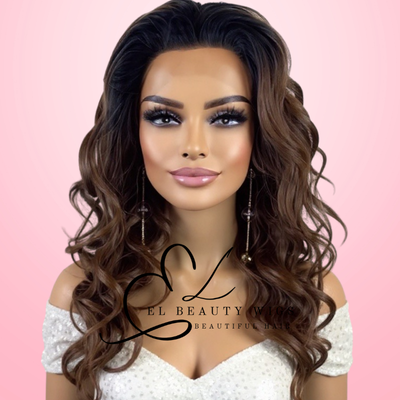 WIG | Honey Brown Wig | Brown Wig | Dark Roots | Natural-Looking Wig for Women | Lace Front Human Hair Blend Wig