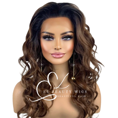 WIG | Honey Brown Wig | Brown Wig | Dark Roots | Natural-Looking Wig for Women | Lace Front Human Hair Blend Wig