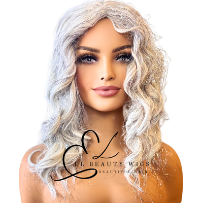 WIG | Glitter Wig | White Wig | Curly Wig | Natural-Looking Wig for Women | Easy Wear Synthetic Wig with Tinsel