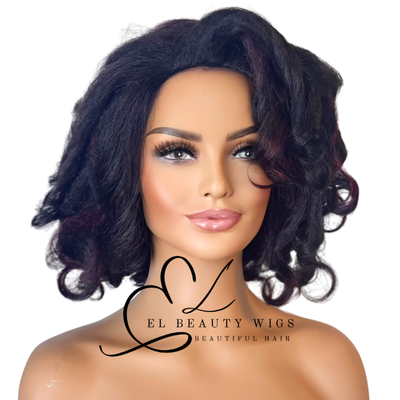 WIG | Black Wig | Black Wig With Burgundy Highlights | 4C Hair Wig | Natural-Looking Wig for Women | Easy Wear Human Hair Blend Wig