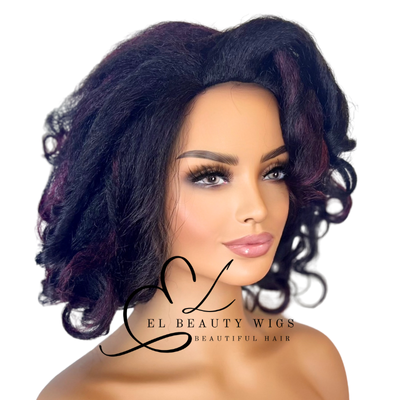WIG | Black Wig | Black Wig With Burgundy Highlights | 4C Hair Wig | Natural-Looking Wig for Women | Easy Wear Human Hair Blend Wig
