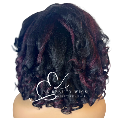 WIG | Black Wig | Black Wig With Burgundy Highlights | 4C Hair Wig | Natural-Looking Wig for Women | Easy Wear Human Hair Blend Wig