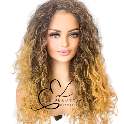 WIG | Golden Ombre Wig | Long Curly Wig | Natural-Looking Wig for Women | Easy Wear Synthetic Wig