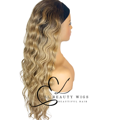 WIG | Blonde Wig | Long Curly Wig | Long Blonde Wig | Headband Wig | Natural-Looking Wig for Women | Easy Wear Human Hair Blend Wig