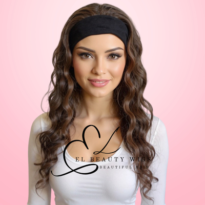 WIG | Brown Wig | Headband Wig | Long Curly Wig | Long Brown Wig | Natural-Looking Wig for Women | Easy Wear Human Hair Blend Wig