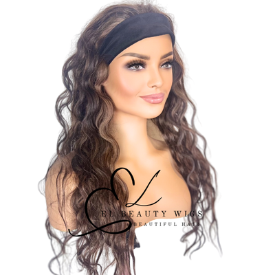 WIG | Brown Wig | Headband Wig | Long Curly Wig | Long Brown Wig | Natural-Looking Wig for Women | Easy Wear Human Hair Blend Wig