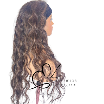 WIG | Brown Wig | Headband Wig | Long Curly Wig | Long Brown Wig | Natural-Looking Wig for Women | Easy Wear Human Hair Blend Wig