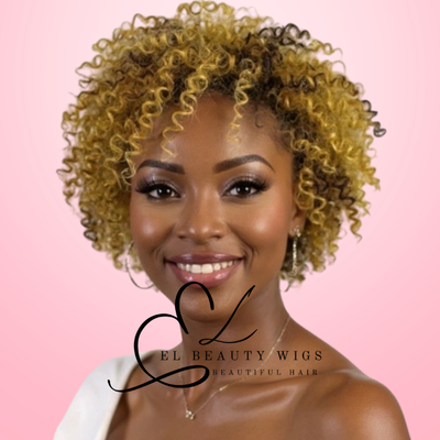 WIG | Golden Yellow Wig | Yellow Wig with Brown Highlights | Short Curly Wig | Natural-Looking Wig for Women | Easy Wear Synthetic Wig