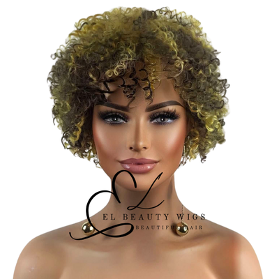 WIG | Golden Yellow Wig | Yellow Wig with Brown Highlights | Short Curly Wig | Natural-Looking Wig for Women | Easy Wear Synthetic Wig